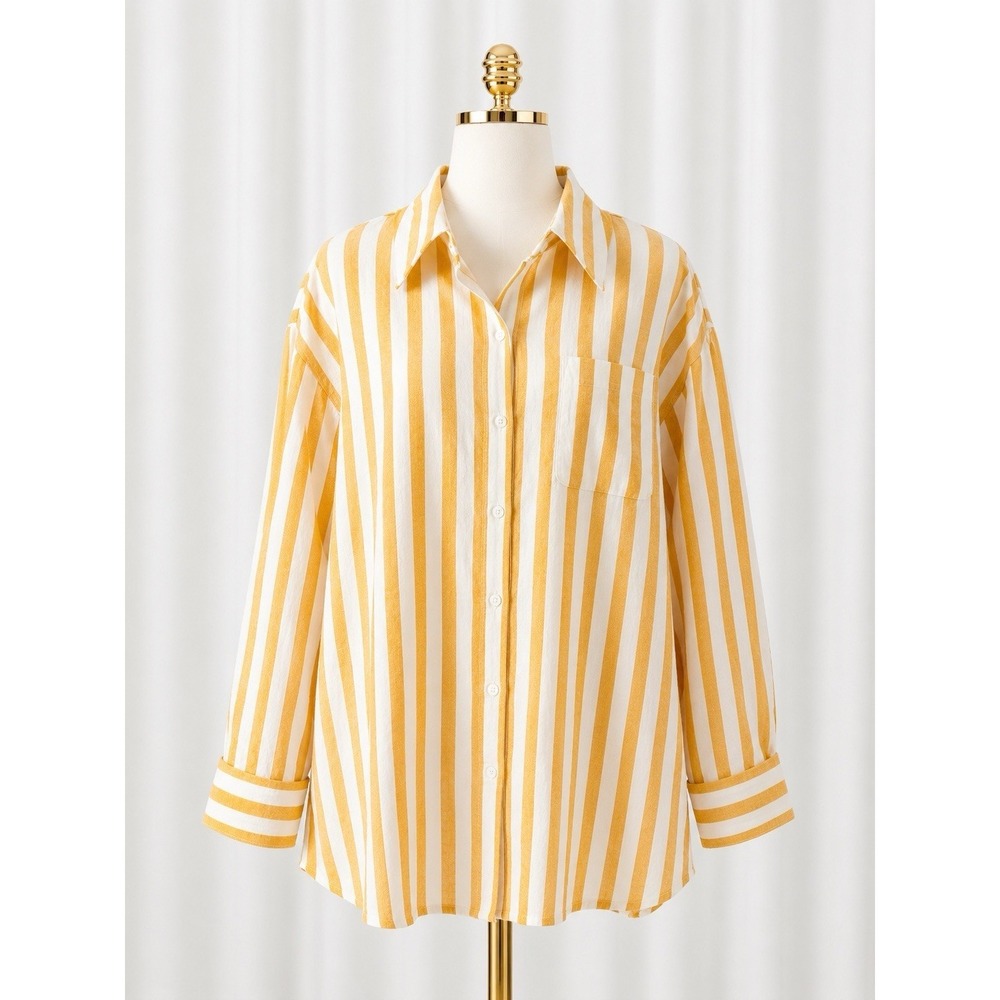 Isaac Mizrahi Linen Blend Button Front Shirt Top Yellow Striped A646494 Size 3XP